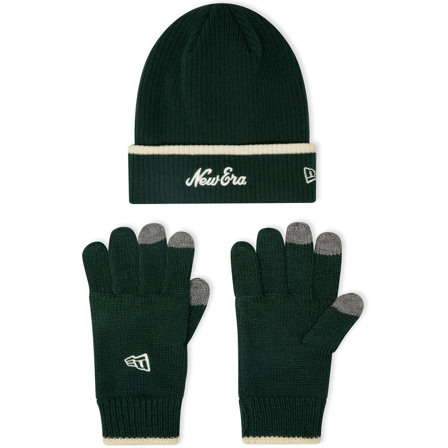 New Era Mens Script Bobble Hat Gloves Set Dark Green Avenue 85