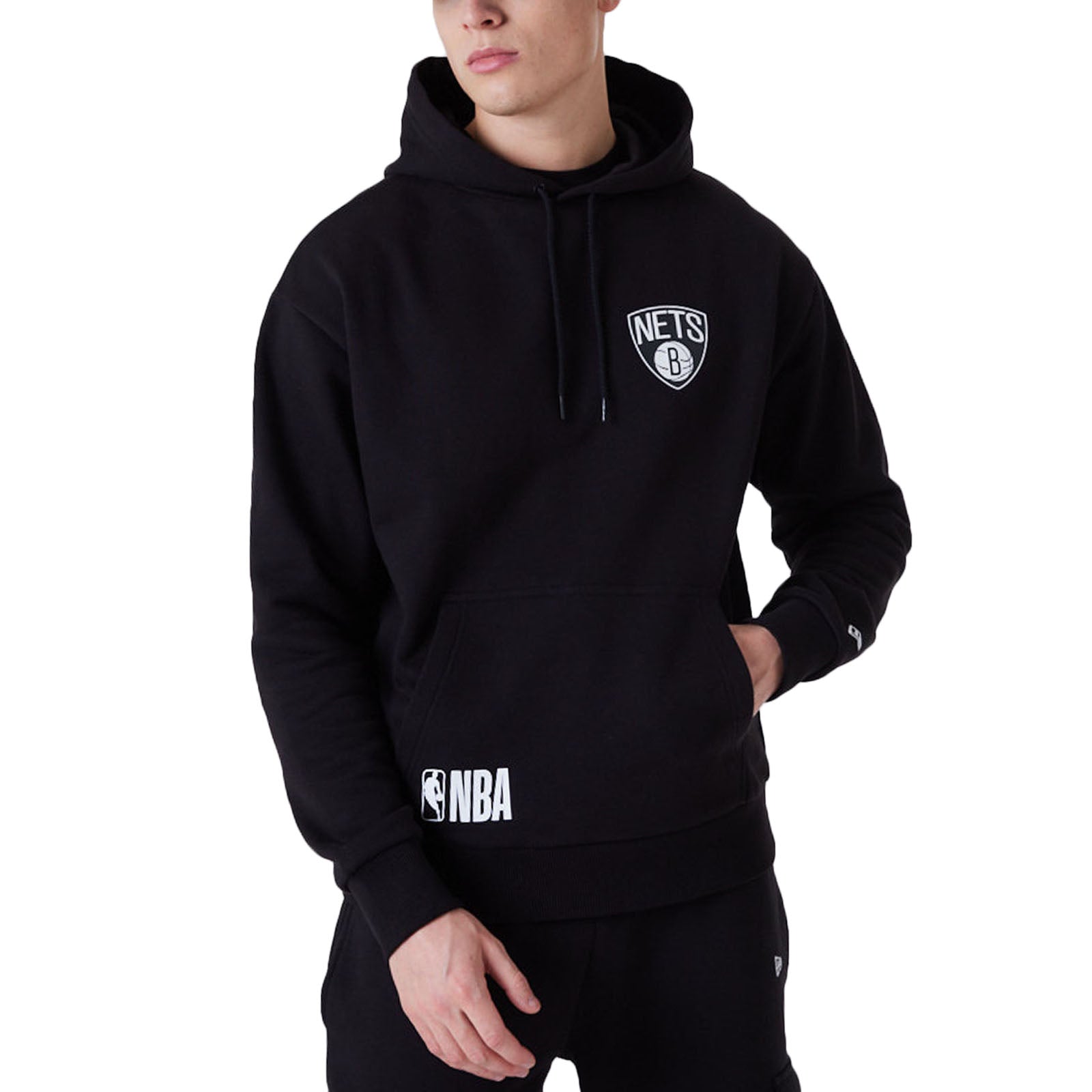 New Era Mens Brooklyn Nets NBA Half Logo Oversized Hoodie Black