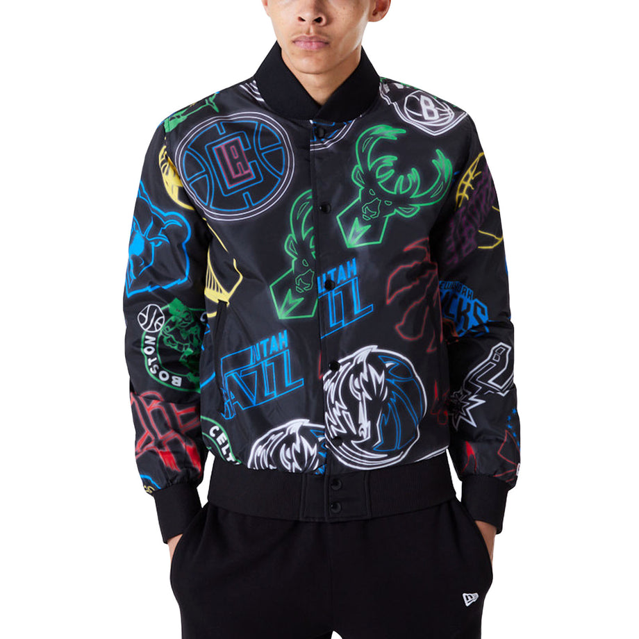 New Era Mens NBA All Over Print Graphic Bomber Jacket Black