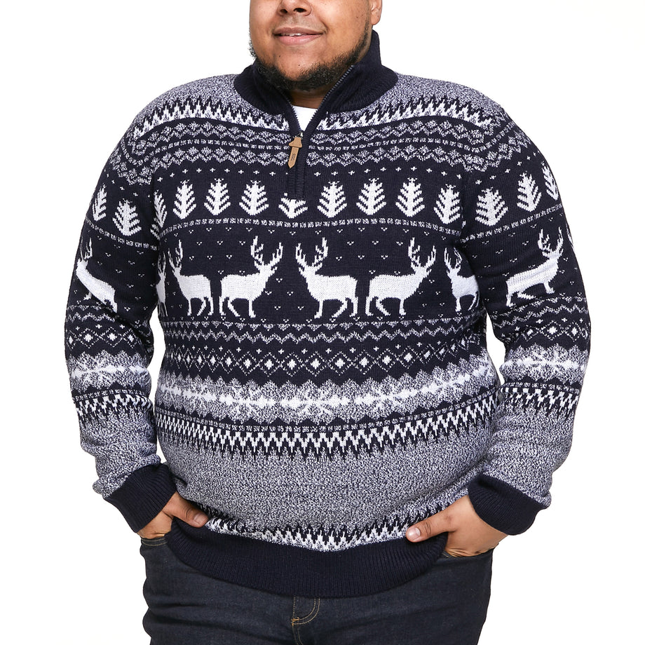 D555 Mens Prancer Big Tall Half Zip Stag Xmas Sweater Navy Avenue 85