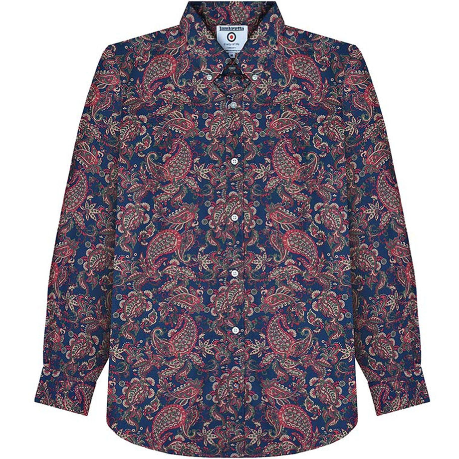 Lambretta Mens Paisley Long Sleeve Button Down Collar Shirt - Navy