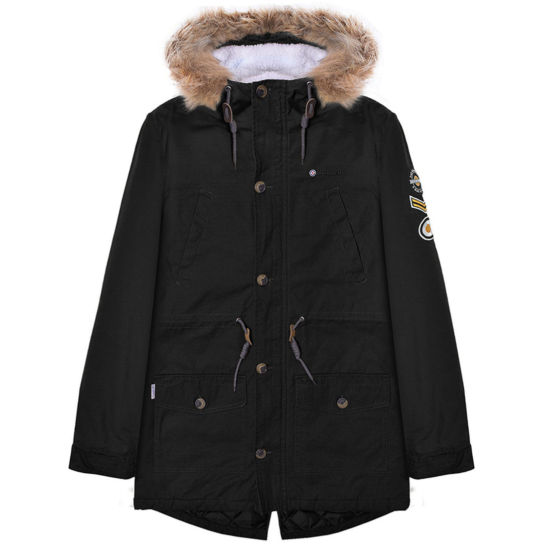 Lambretta Sherpa Lined Faux Fur Hooded Parka Jacket Black