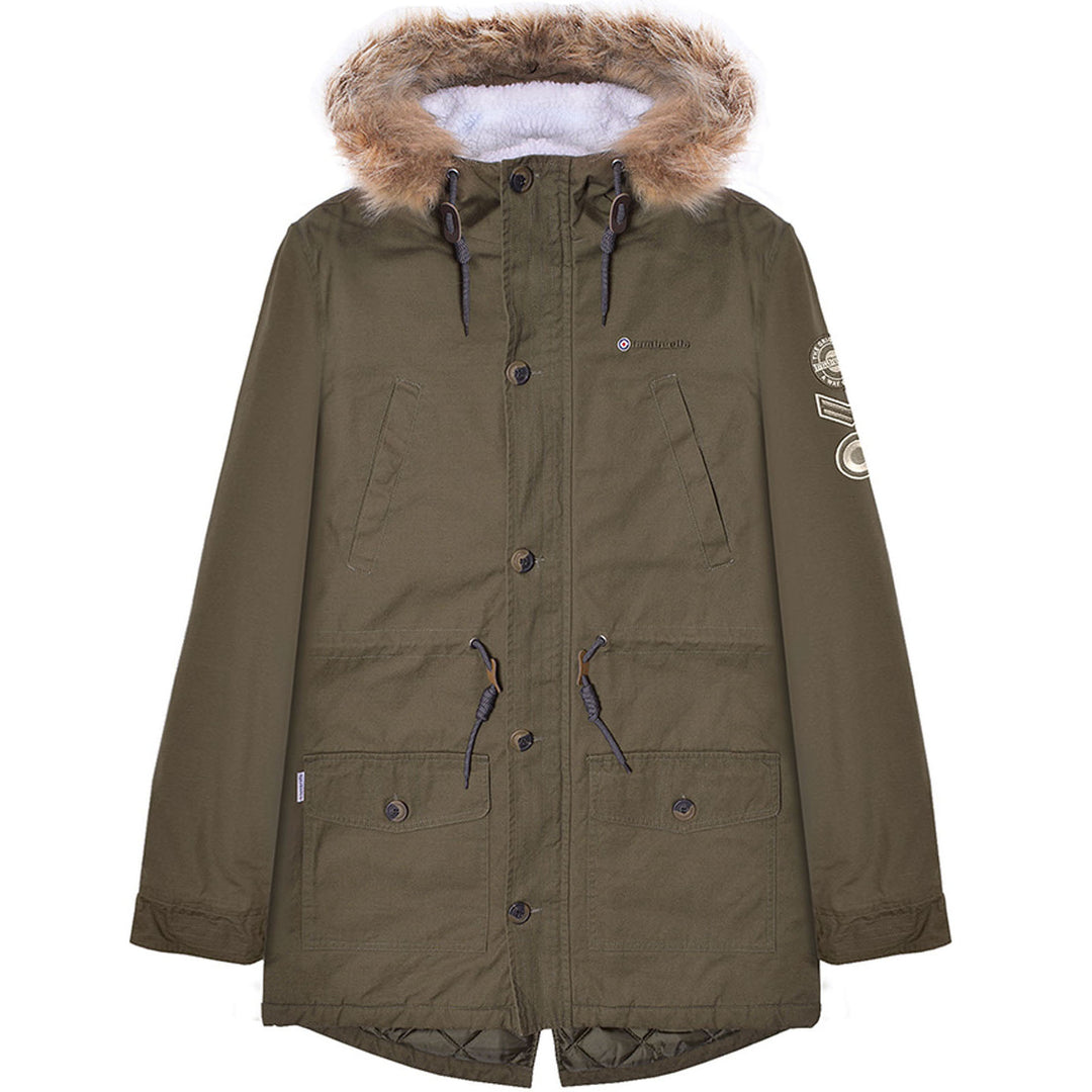 Lambretta Sherpa Lined Faux Fur Hooded Parka Jacket Khaki